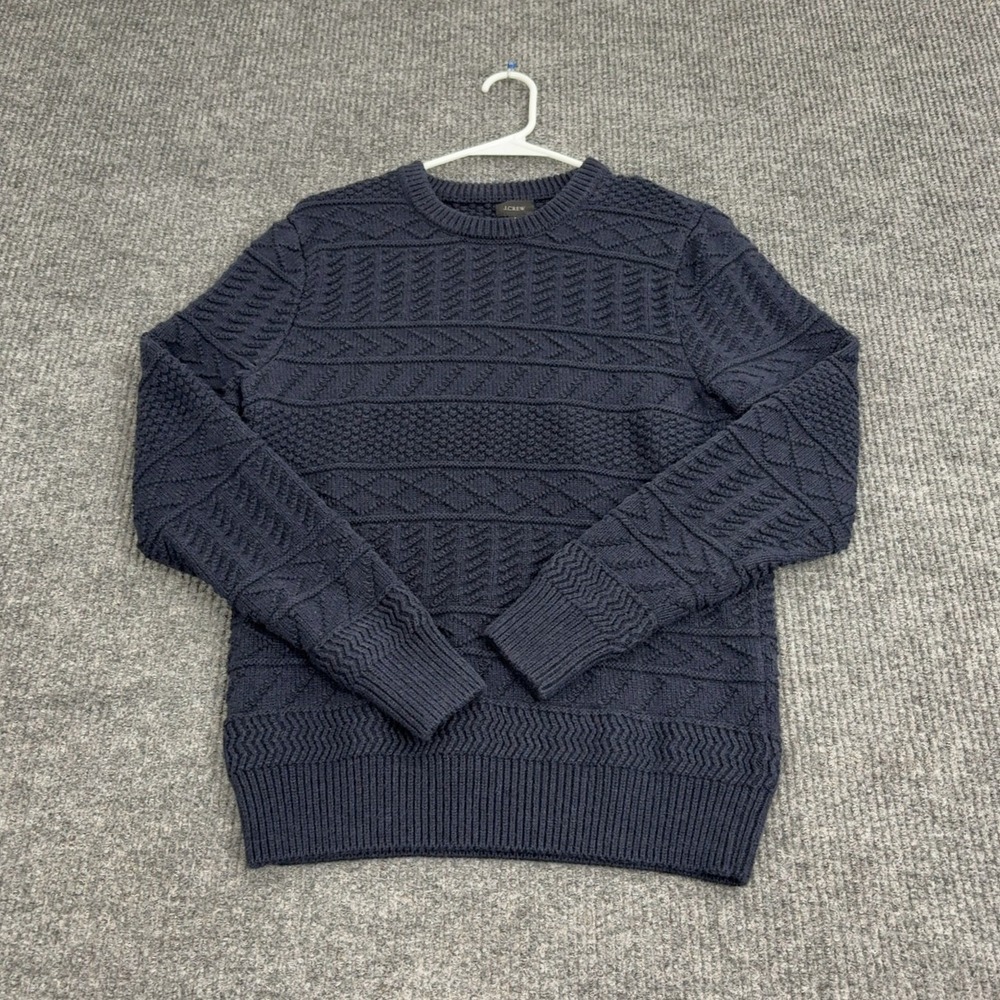 J Crew Sweater Mens M Navy 100 Cotton Cable Knit Crewneck Classic Preppy